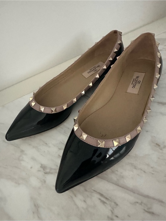 Valentino Shoes - Valentino Black Patent Pointed Flats with Nude Trim & Gold Studs